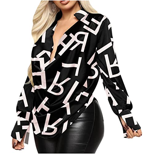 Women Long Sleeve Shirts, Womens Sexy Deep V Cowl Neck Blouse Tee Fashion Floral Casual Loose T-Shirt Tops Black