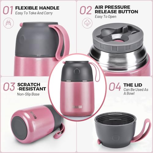 Image of Insulated Food Jar for Hot & Cold Food for Kids Adult,17 oz Soup Thermo Hot Food Containers for Lunch, Triple Layer Insulation Stainless Steel Food Jar with Spoon (Pink)