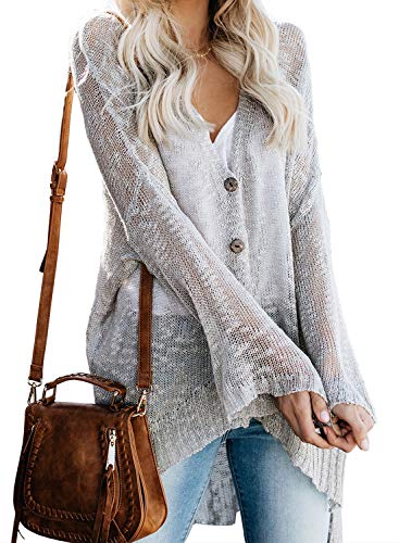 Dokotoo Women Summer Beach Fall Button Down Sheer Knit Kimono Cardigans Open Front Casual Loose Lightweight Thin Sweater Coat Long Sleeve Irregular Hem Grey XX-Large