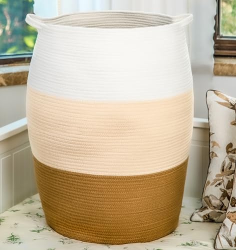 Image of Homlikelan 105L Oversized Laundry Hamper, Cotton Rope Woven Clothes Hamper,25.6"Tall Laundry Basket in Living Room,Bedroom for Blankets,Toys Brown & White