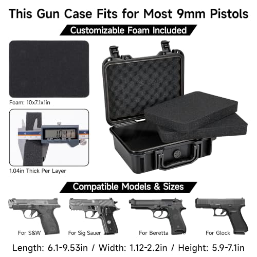 Image of TSA Approved Gun Pistol Case Waterproof Handgun Case with Pre-Cut EVA Foam Shockproof Travel Carrying Hard Shell Case Included Silica Gel Canister, Black