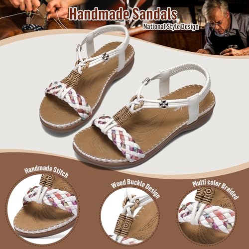 Image of Littleplum Women Sandals Arch Support Handmade Bohemian Braided Flat Sandals Comfort Walking Beach Ankle Elastic Summer Shoes