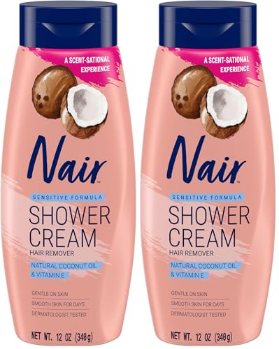 Nair Sensitive Shower Cream Hair Remover with Natural Coconut Oil and Vitamin E, Body Hair Removal Cream, 12 oz (Pack of 2)