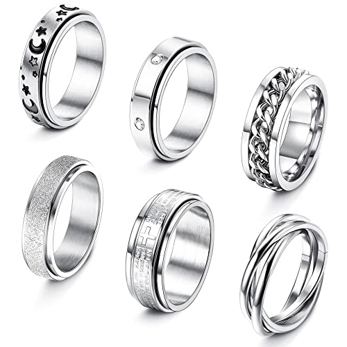 CASSIECA 6Pcs Edelstahl Spinner Ring für Frauen Männer Zappeln Band Ringe Anti Angst Ring Mondstern Sand Blast Finish Stressabbauende Hochzeit Versprechen Ringe Set Größe 49-62 Cover
