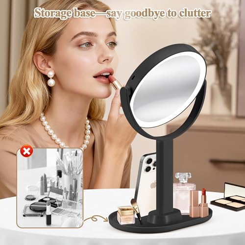 Image of MOMOKUBA Makeup Mirror with Lights, Double Sided 1x /20x Magnifying Mirror with Light, Rechargeable 3 Color Lights and Adjustable Brightness, 360 Rotation Detachable Comes with Tweezer(Black)