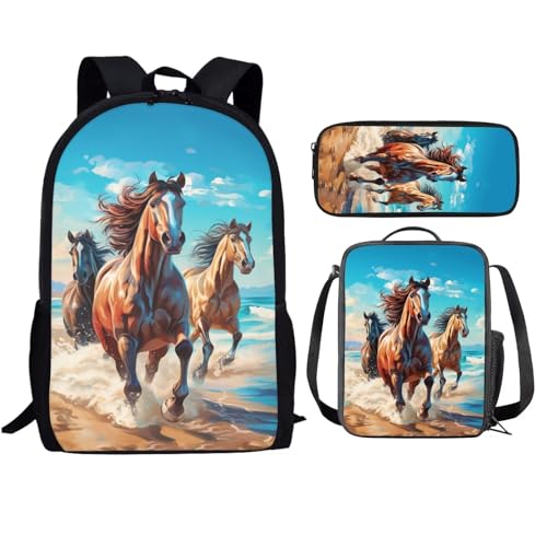 Showudesigns Horse Backpack for Teens Girls 11 1410 12 Boys Backpacks for Elementary Middle School Bookbag School Bag Lunch Box Pencil Case Kids Bookbags 3Rd 6Th Grade Back To School Set 3 In 1