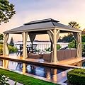 12'X20' Hardtop Gazebo Wooden Finish Coated Aluminum Frame Outdoor Gazebo with Galvanized Steel Double Roof Permanent Metal Pavilion with Curtains and Netting (Wood Brown, 12'x20')