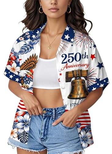 Image of Ithalt 4th of July Hawaiian Shirts Women American Flag Patriotic Short Sleeve Button Down Outfits Summer Vacation Tops