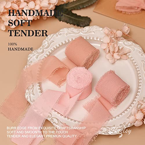 Chiffon Ribbon Fringe Fabric Ribbons 3 Rolls 1.5" Wide X 7 Yd Dusty Rose Ribbons Set For Wedding Decor, Gift Wrapping, Bridal Bouquets, Handmade Crafts #TOP2
