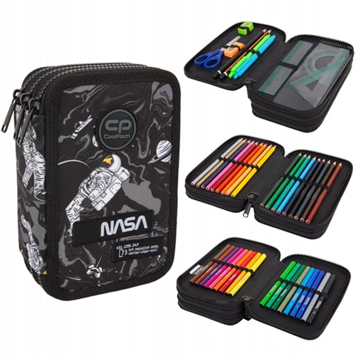 CoolPack XXL Federtasche Federmappe 3-Fach Schulstiftetui, dreifaches Federmäppchen, Federmäppchen für Mädchen, Jungen, Federmäppchen 44-teilig gefüllte Schüleretui 3-stöckig, Kosmonaut