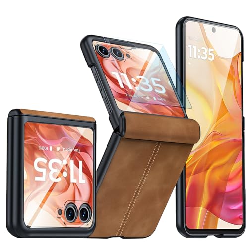Coque en Cuir pour Motorola Razr 60 Ultra avec Protection D'écran Arrière Intégrée et Protection des Charnières, Luxe Fine en Cuir PU Mat PC Antichoc Housse pour...