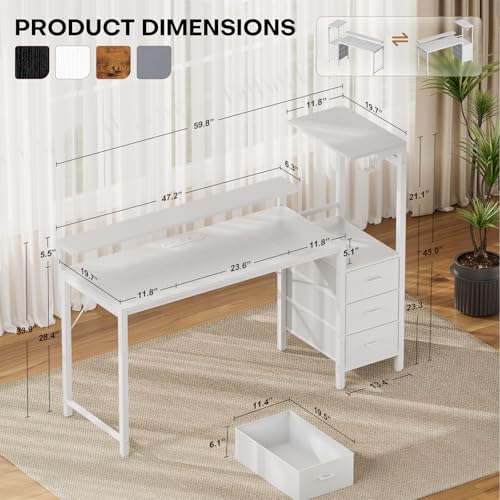 Image of HLDIRECT 60 inch Gaming Desk with 3 Fabric Drawers & Side Hooks-Reversible Home Office Computer Desk with Power Outlets & Led Lights, Gamer Desk Table with Monitor Stand, White