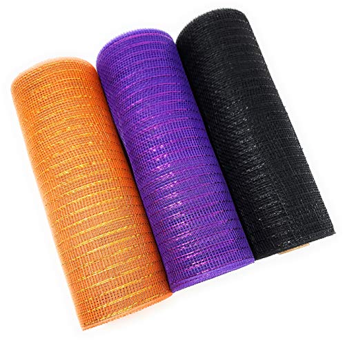 Halloween 10" x 10yds Deco Mesh Metallic Ribbon Rolls (Spooky Purple, Pumpkin Orange, Spider Black)