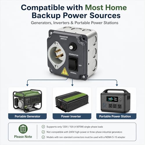 Image of 20 Amp 120V Manual Generator Transfer Switch for 120V Portable Generators, Power Stations,Solar Systems, Pre-Wired Generator Transfer Switch for Home, RV, and Outdoor Emergency Power Needs