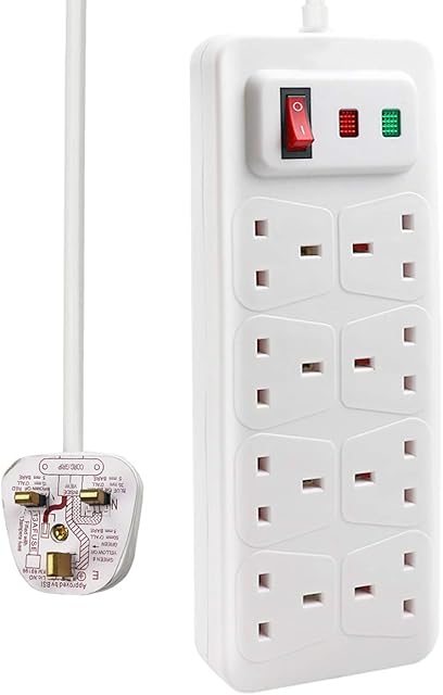 EXTRASTAR Universal Extension Lead, 8 Way Outlets Surge Protection Power Strips with Switch, Wall Mounted 13A/MAX.3120W Fused UK Power Socket (2M, White)