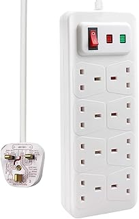 EXTRASTAR Universal Extension Lead, 8 Way Outlets Surge Protection Power Strips with Switch, Wall Mounted 13A/MAX.3120W Fused UK Power Socket (2M, White)