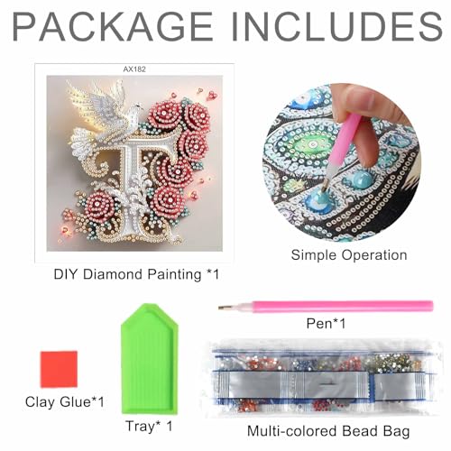 Image of AiYuanzsh 5D DIY Diamond Art Kits for Adults Letter T, Timeless Rose & Dove Floral Special Shape Diamond Painting Kit, Alphabet Diamond Art for Home Decoration and Valentine's Day Gift Idea 17x17cm