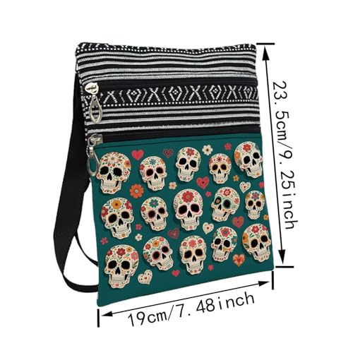 Floral Skull Messenger Bag Small Ethnic Pattern Adjustable Strap Crossbody Zipper Pouch Floral Skull Phone Organizer Wallet Cute Shoulder Handbag for Women Friends-22