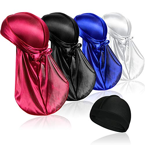 4 Pieces Silky Durag Caps Headwraps with Long Tail and 1 Piece Silk Wave Cap Wide Elastic Band for Men