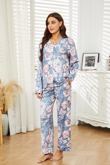 Image of LYCY Womens Pajama Sets Floral Print, Long Sleeve Button Down Pajamas Set for Women Soft Sleepwear Pjs 2 piece Loungewear