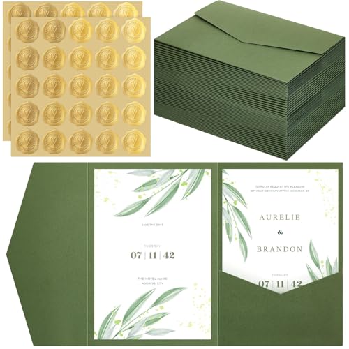 Tenare 50 Stück Papier Pocketfold Umschläge und Wachssiegel Selbstklebend für DIN A6 Umschlag Einladungskarten Hochzeitseinladungen Hochzeitskarte Geburtstagseinladungen(Grün)