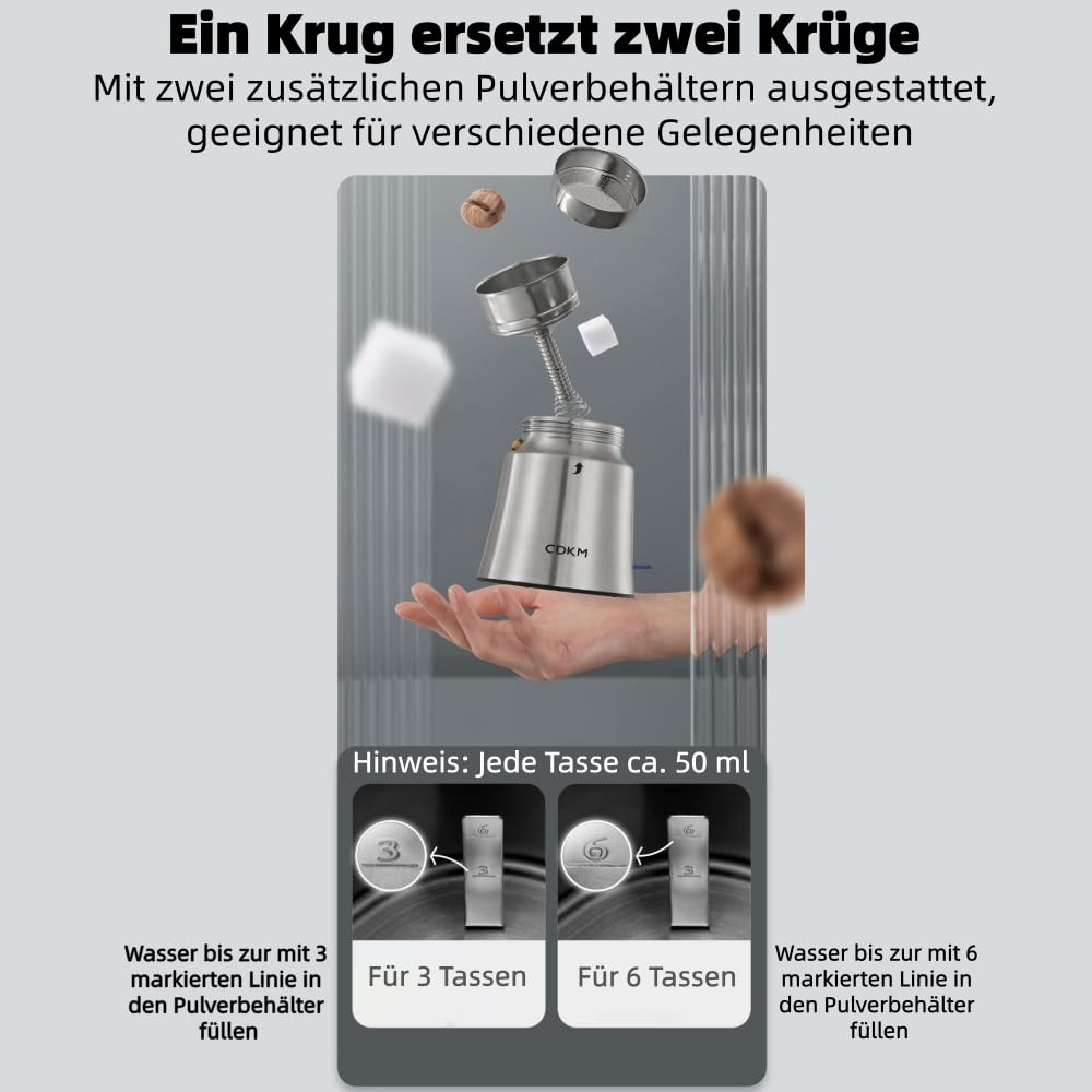 Espressokocher Elektrisch, Edelstahl Moka pot, One-Touch, 3-6 Tassen | Automatische Mokka-Kaffeemaschine, italienische Espressomaschine, Automatische Abschaltung, 340 ml Espressomaschine