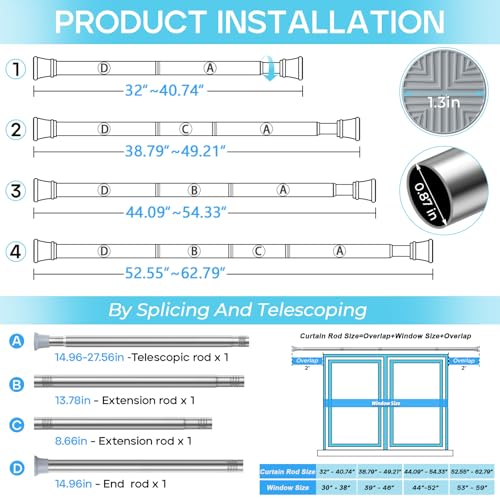 Image of Spring Tension Curtain Rod 32-62 inch, Adjustable Expandable Tension Curtain Rod No Drilling, Tension rods for Window Doorway Kitchen Curtain, Silver