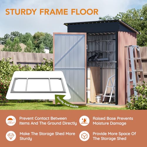 Image of Panovue 5X3X6.1 FT Garden Storage Shed with Frame Floor,Steel Tool Shed with Lockable Door, Anti-Corrosion Metal Shed for Backyard Patio Lawn ((Wood Panels Not Included))