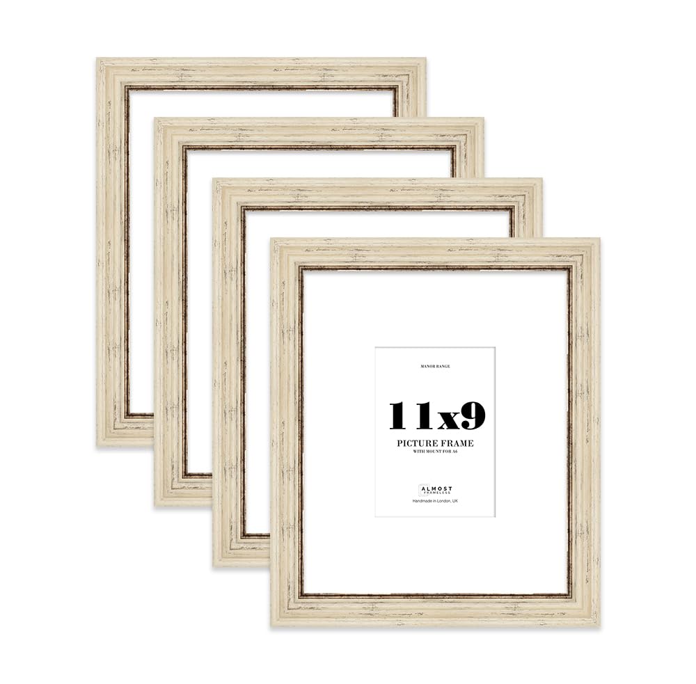 11x9" Distressed Cream Picture Frame - 11x9" Frame with A6" Mount for 11x9"/A6" Pictures Vintage Style Wall Art, 4 Pack