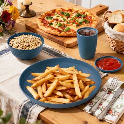 Image of 16 PCS Wheat Straw Plates and Bowls Sets,Kids Dishes Dinnerware Sets for 4,Unbreakable Kitchen Plates and Bowls Set for Travel Dishwasher & Microwave Safe Lightweight Dishes Set - DeepBlue