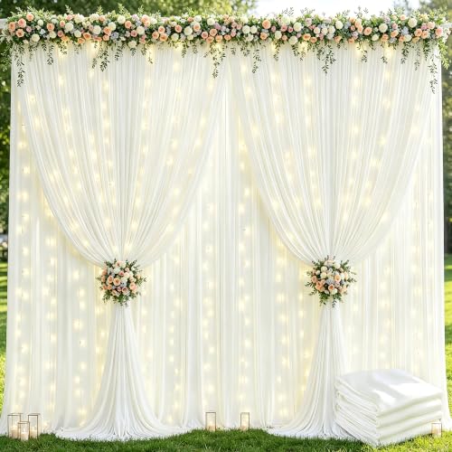 20x10ft Cream White Backdrop Curtains with Lights String for Parties