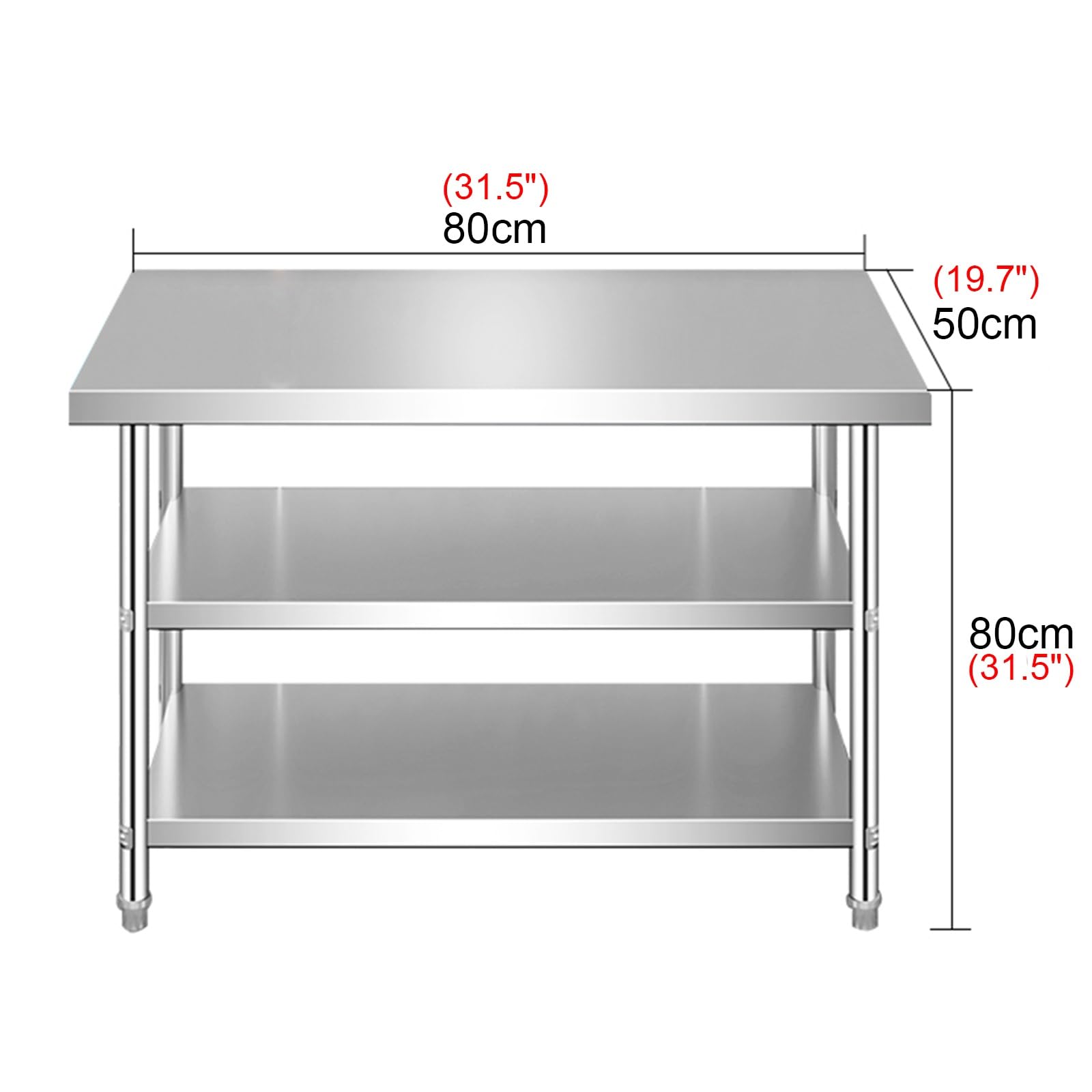 Mesa de Trabajo de Cocina para el hogar con Tres estantes de Almacenamiento, Mesa de preparación de Acero Inoxidable, Mesa de encimera Comercial Multifuncional, Mesa de Metal (80 x 50 x 80 c