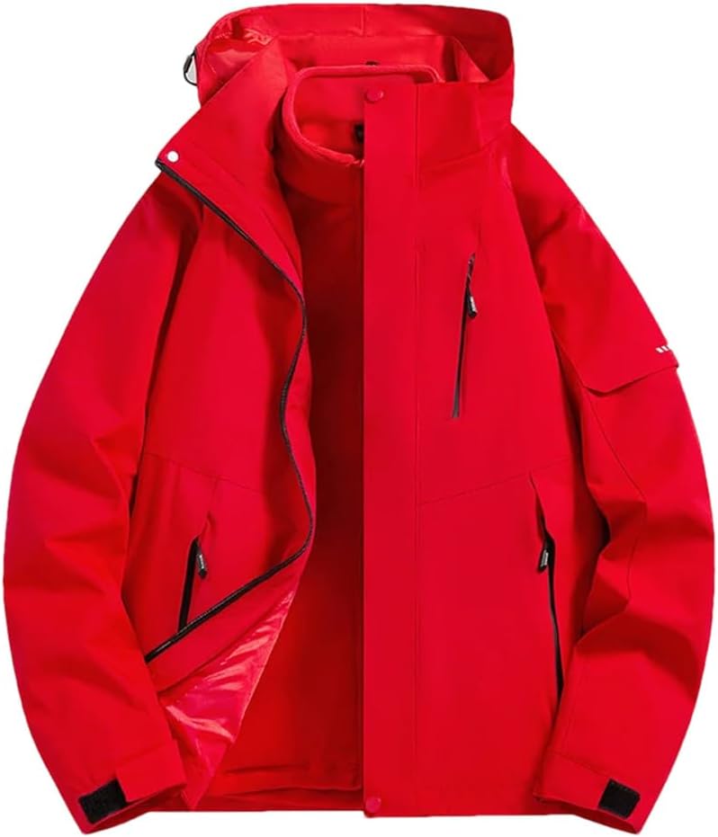 Men Outdoor Sport 3-In-1 Waterproof Windproof Overcoat Matching Solid Color Detachable Jacket