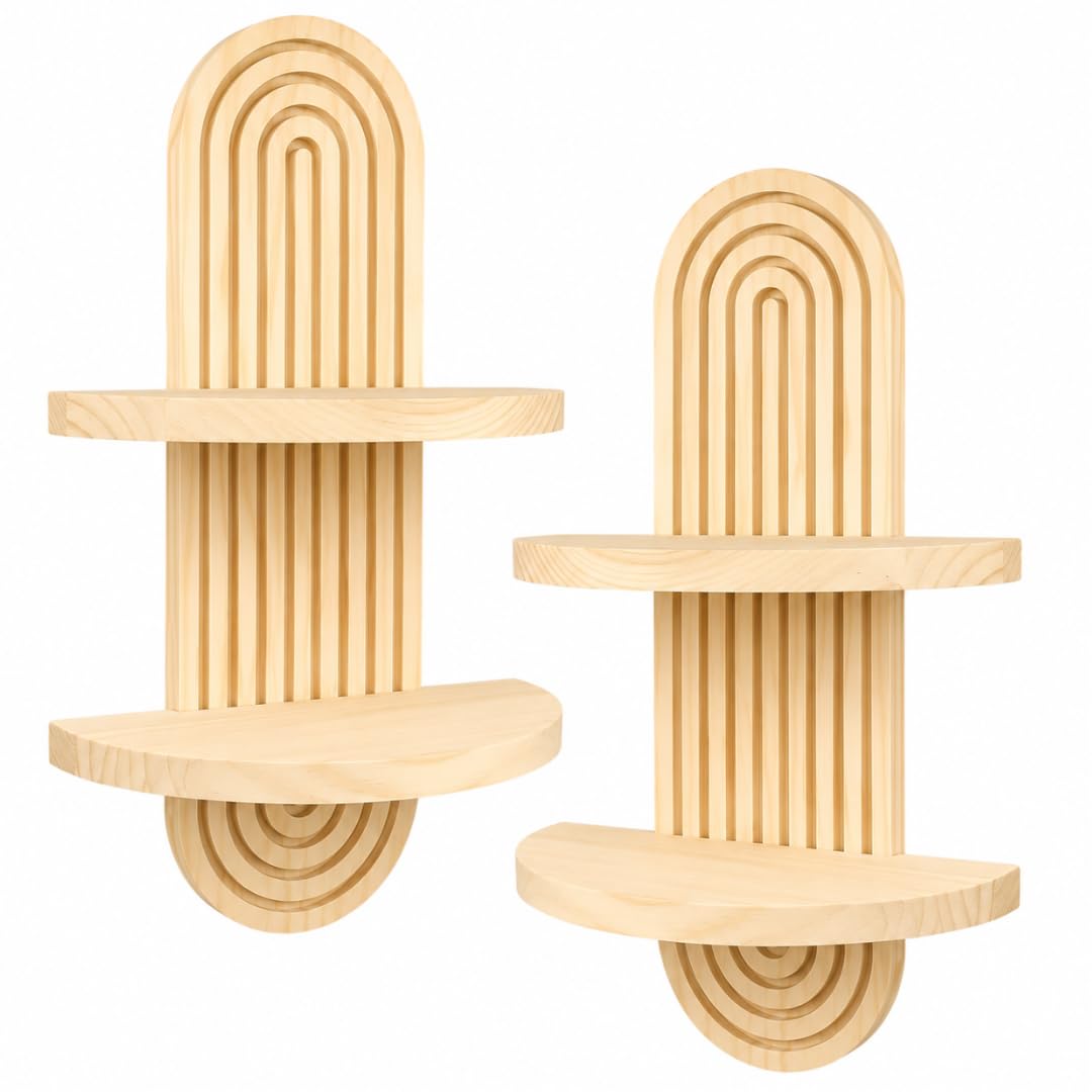 Mighty Majesty Boho Wood Wall Shelf Set of 2 – Arch Floating Shelves for Living Room, Bedroom & Bathroom – No Drill, Natural Pine, 35x21.5cm, 2 Tier
