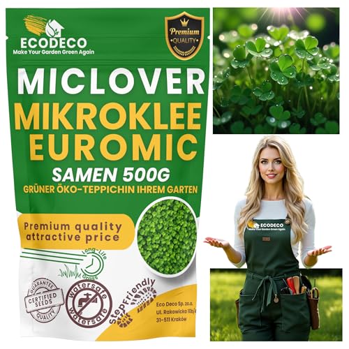 ECODECO Mikroklee Samen 500g - Weiß Klee Samen - Clover Rasen Samen - Zwergklee für Gleichmäßiges und Grüner Gras - Microclover für Grassamen Saatgut - 400 m²mit Gras oder 200 m² Allein