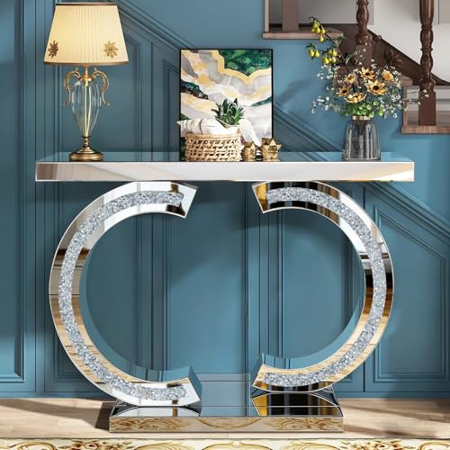 Jesantab Table console argentée miroir avec incrustation de diamants écrasés, table de canapé de 99,4 pouces, double base en forme de C, table d'appoint...