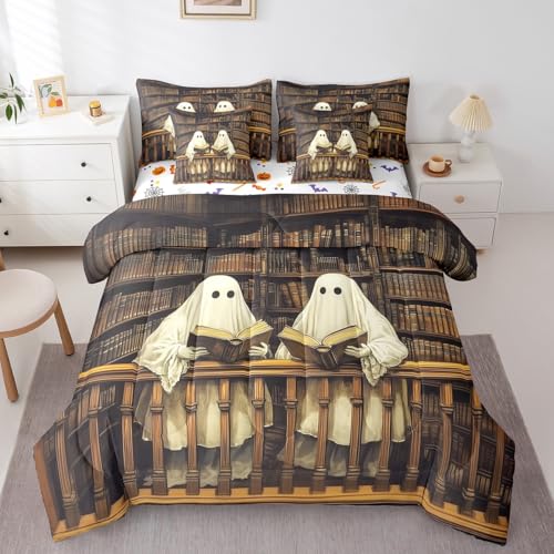 Cute Ghost Twin Size Bed Sets in a Bag 7 Pieces,Vintage Bookshelf Magical Books Comforter Set,Halloween Retro European Style Bedding Set with 1 Comforter,2 Sheets,2 Pillowcases & 2 Throw Pillow Covers