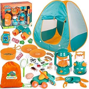 FUN LITTLE TOYS Kids Camping Set with Pop Up Play Tent Camping Toys with Battery Lantern and Drawstring Bag Indoor Outdoor Pretend Play, Christmas Birthday Gifts for Boys