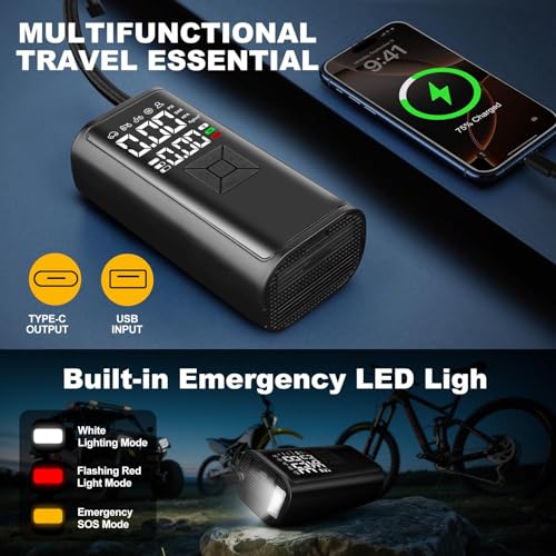 Tire Inflator Portable Air Compressor, 150 PSI Air Pump for Car Tires with Digital Dual Values Display, Cordless Pump with LED Light and Auto Shut-Off Function, Suit for Car,Motorcycle,Bicycle,Balls — view 5