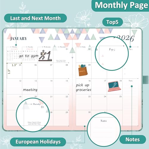 Diary 2026 - A5 Diary 2026 Week to view, from January 2026 to December 2026, 2026 Planner with Elegant Hardcover, Elastic Pen Holder, Back Pocket, 21.3 x 14.7 x 1.6 cm - Image 2