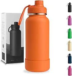 Garrafa Térmica 1000ML - Duplamente Isolada, Aço Inox 304, Base Emborrachada Anti Derrapante, Mantém Bebidas Quentes por 12 Horas e Geladas por 24 Horas (Laranja Wide)