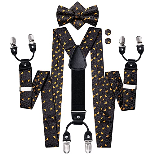 Image of Hi-Tie Mens Suspender Black Orange Geometric Bowtie Adjustable Y-Shape 6 Clips Trouser Braces Pre-Tied Bow Tie with Handkerchief Cufflinks