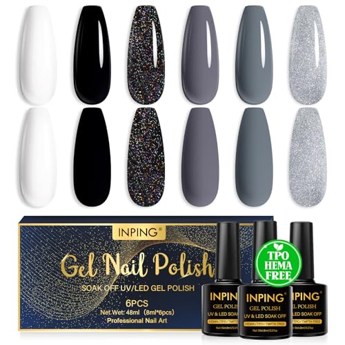 INPING Esmaltes Semipermanentes Para Uñas HEMA-FREE TPO-FREE, 6 Colore Bianco Gris Nero Glitter Pintauñas Semipermanentes Soak-Off UV LED Gel Nail Polish para Mujeres Manicura Kit DIY, 8ML