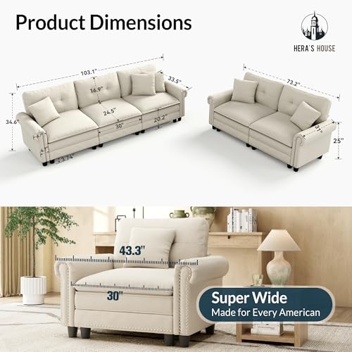 Image of HERA'S HOUSE Modular Sectional Sofa Set for Living Room 2-Piece Deep Seats | Mid-Century Modern 5-Seater Cloud Sofa Set, Cyan, Rolled Arms & Nailhead Trim, Wider & Deeper Seats, Chenille Furniture Set