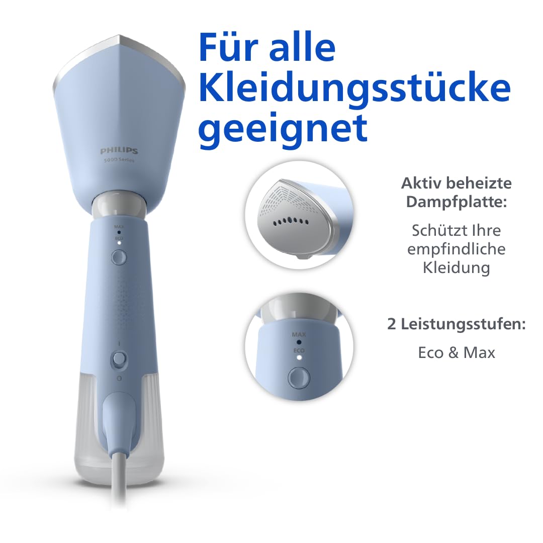Philips Dampfglätter 5000-Serie - 35 Sekunden Aufheizen, aktiv beheizte Dampfplatte, Eco-Modus, für empfindliche Textilien, dampft vertikal & horizontal, Handschuh & Beutel, himmelblau (STH5020/20)