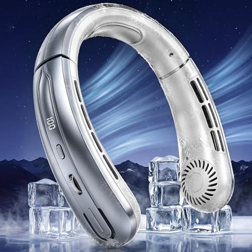 Portable Neck Fan [12H Max Cooling Time] 100Level Wind Speed Hands Free Bladeless Fan Ice Porcelain Quiet Personal Fan 4000mAh Rechargeable Wearable Personal Fan for Summer Travel Outdoor Hajj &Office