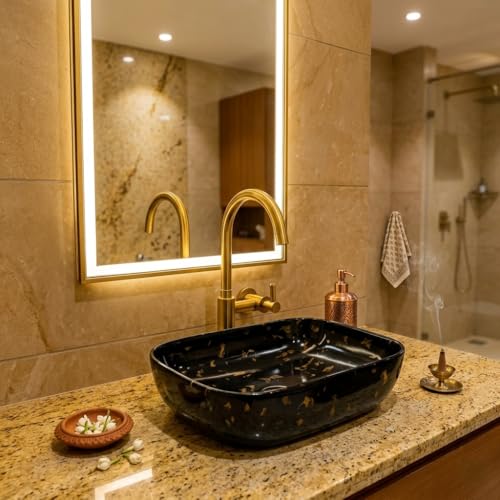Image of Ceramic Tabletop Wash Basin - Glossy Rectangular Countertop Vessel Sink with Marble Finish for Bathroom & Vanity | Compact 18 x 13 x 5 Inch | Elegant Washbasin