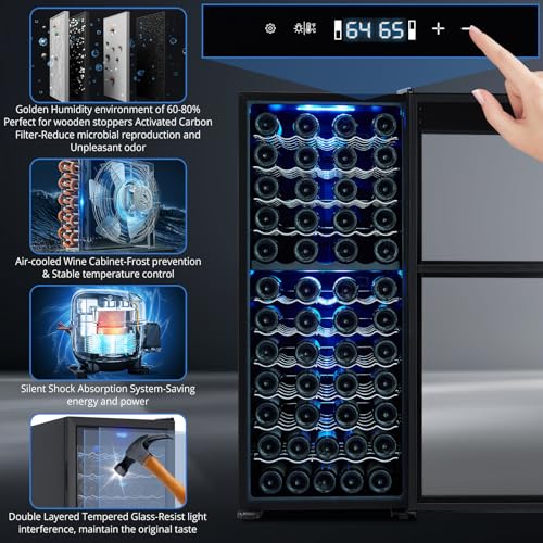 Image of Dual Zone Wine Cellar - 80 Bottles Capacity, Freestanding Wine Cooler, Adjustable Shelves, Single Glass Door, Digital LED Touch Control, For Red, White, Champagne, Sparkling Wine