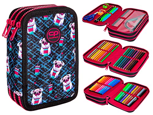 COOLPACK 3-FACH Mäppchen Federmappe Federtasche XXL Federtasche Federmappe Federmäppchen 44-teilig gefüllte Schüleretui 3-stöckig 19,5 x 12,5 x 6,5 cm Junge Mädchen (Dogs)