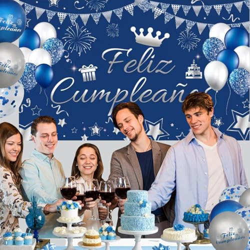 Miniatura 6 de Im Pancarta Feliz Cumpleaños En Español Medidas 110x180cm De Poliester 12 Globos Decoración Para Fiesta De Cumpleaños Cartel Feliz Cumpleaños Photocall Azul-Blanco